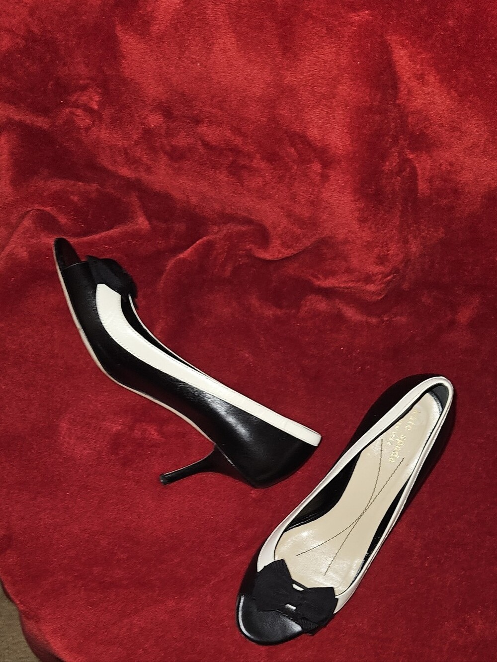 kate spade Made in Italy Black & White Peep-Toe Bow Accent Pumps - Size 8